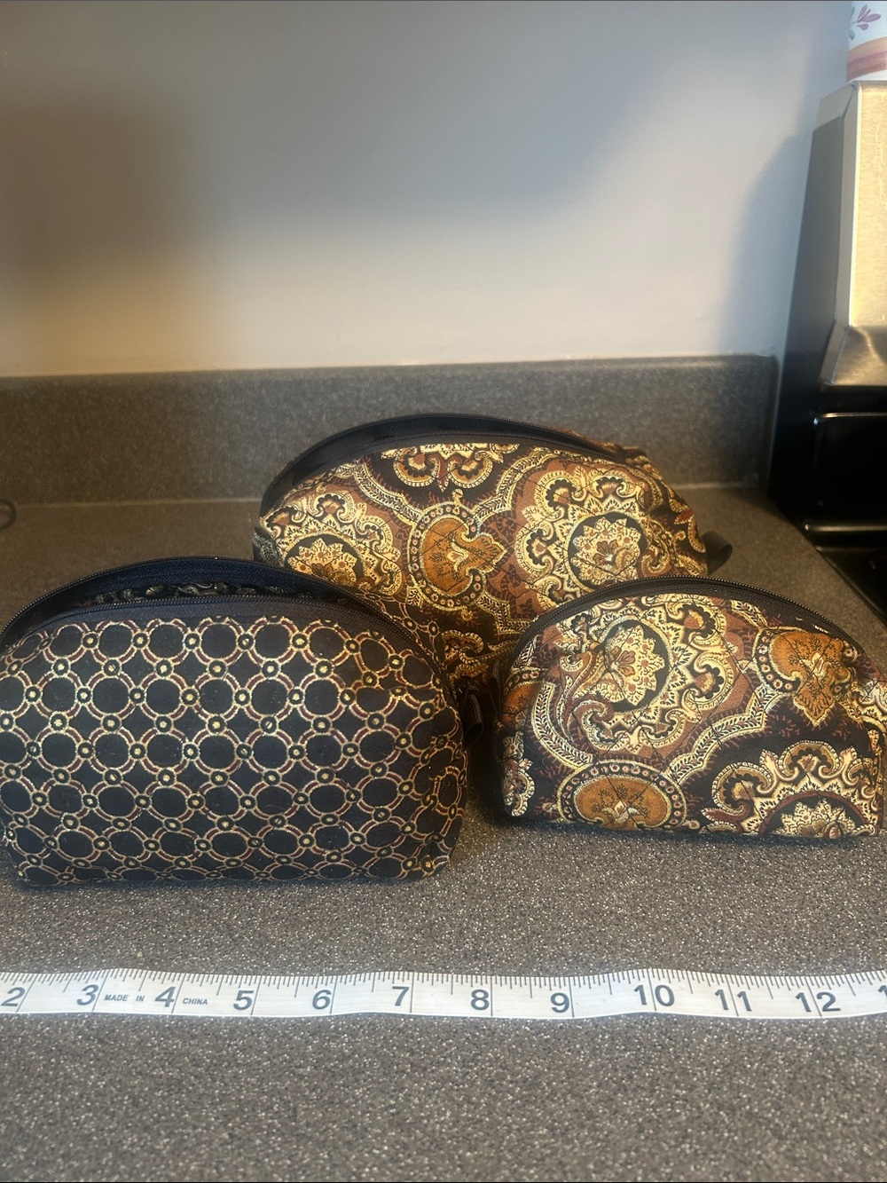 Set of 3 Patterned Half-Moon Cosmetic Pouches in Black & Gold